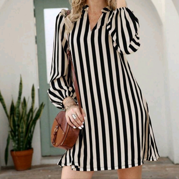 Striped Notched Neck Tunic Dress - Picture 4 of 4